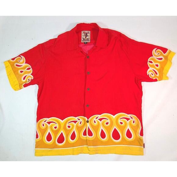 Vintage Mambo Loud Shirts Sz XL Button Flames or Waves Bold Orange Yellow